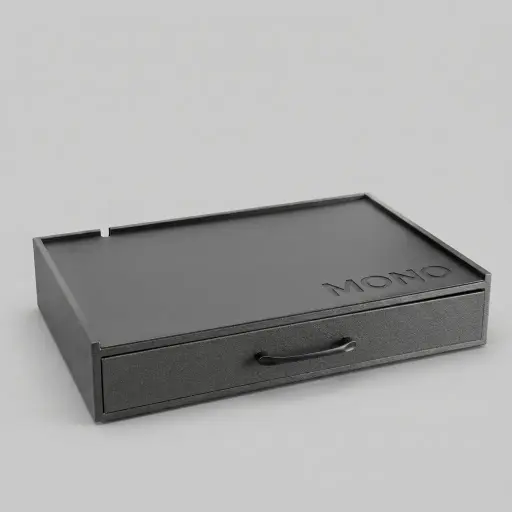 PU Leather Tray With Drawer Runner — WTR-1052 — A faux-leather welcome tray with a smooth drawer-runner mechanism and a customisable layout. The drawer offers ten compartments for teabags, coffee or sugar sticks plus a spoon section, with a cable cut-out and room for a machine, kettle and cups. Water-resistant and non-slip, measuring 51.8x34.5x11.5cm.