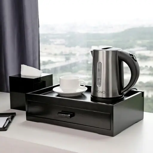 Beech Wood Drawer 3-in-1 Tray [1053] — WTR-1053 — A three-in-one beech wood welcome tray with space for a kettle with base and cups, plus a removable drawer with three sachet-and-spoon compartments. Three cable cut-outs and a scratch-resistant lacquer keep it tidy and durable. Measures 37x24x10.5cm, in beech or black beech.