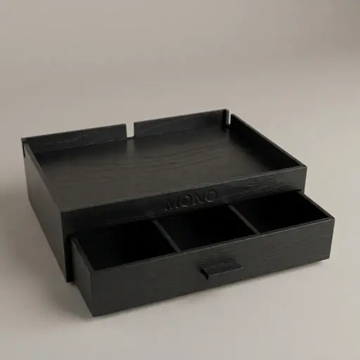 Beech Wood Drawer 3-in-1 Tray [1054] — WTR-1054 — A compact three-in-one beech wood welcome tray with space for a kettle with base and a removable drawer holding four sachet-and-spoon compartments. Three cable cut-outs, space for two cups and a scratch-resistant lacquer make it practical. Measures 26.5x19x10.5cm, in beech or black beech.