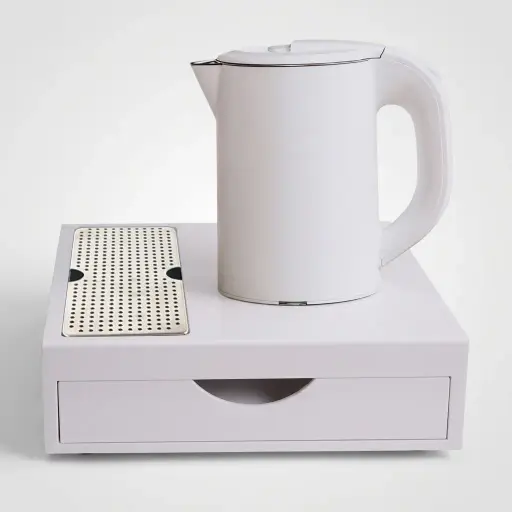ABS Welcome Tray Drawer Type with Removable Drip Tray [1055] — WTR-1055 — A three-in-one wood-grain ABS welcome tray with a fixed kettle base and a deep removable drawer holding three sachet-and-spoon compartments. A removable 304 stainless steel drip tray and space for two cups keep service tidy, in tough, easy-clean ABS. A space-saving 26.7x19x8cm tray, in black or white.