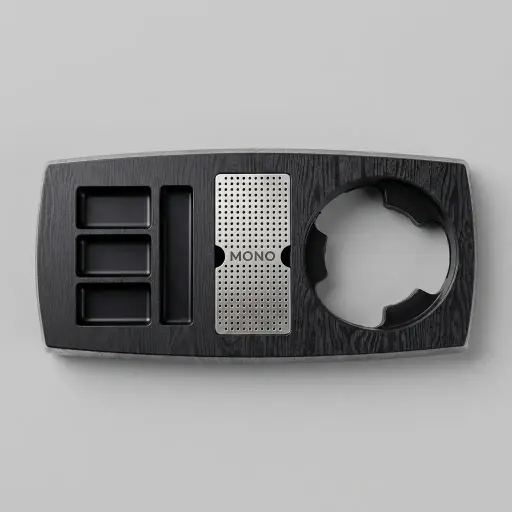 Heat-Resistant ABS 3-in-1 Tray with Stainless Steel Drip Tray [1066] — WTR-1066 — A three-in-one wood-grain ABS welcome tray with an integrated kettle base, four sachet-and-spoon compartments and space for two cups. A removable 304 stainless steel drip tray and easy-clean build suit flexible kettle setups. Measures 46.5x22.5x4cm, finished in black.